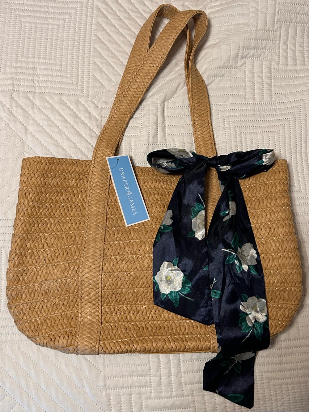 Draper James Tan Straw Tote with Navy Floral Scarf
